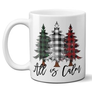 All Is Calm Christmas Coffee Mug With Rustic Buffalo Plaid Christmas Trees Ceramic Cup Holiday Gift Mug