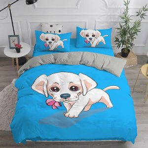 Cartoon Cute White Dog Bedding Set Blue Duvet Cover Pillowcase Luxury Home Comforter Set