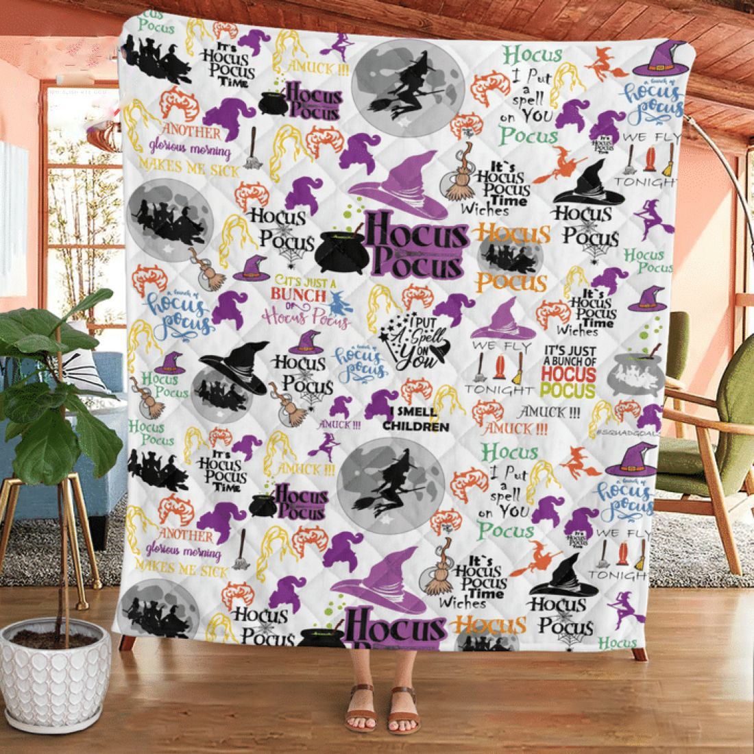 Halloween It's Hocus Pocus Time Witches Cauldron Witch Hat Blanket