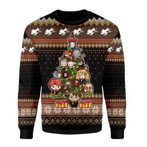Hogwarts Characters Chibi With Christmas Tree Ugly Sweater