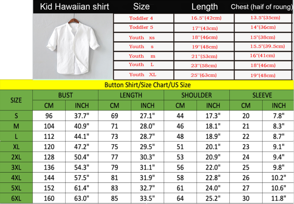 size chart hawaiian shirt