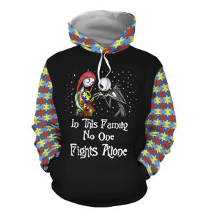 In This Family No One Fights Alone Jack And Sally Couple Hoodie, Autism Awareness Gift