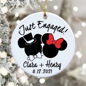 Just Engaged Love Mickey Minnie Personalized Couples Christmas Ornaments