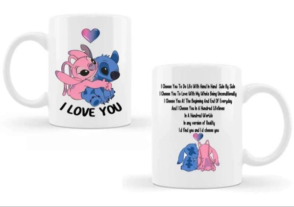 Personalised I Love You To Much Cute Angel And Stitch Couples Coffee Mug