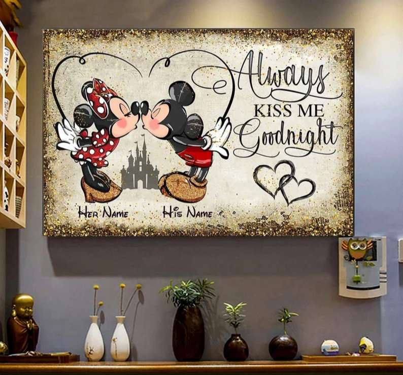 Personalized Always Kiss Me Goodnight Poster Minnie Mickey Mouse Couples Canvas 1