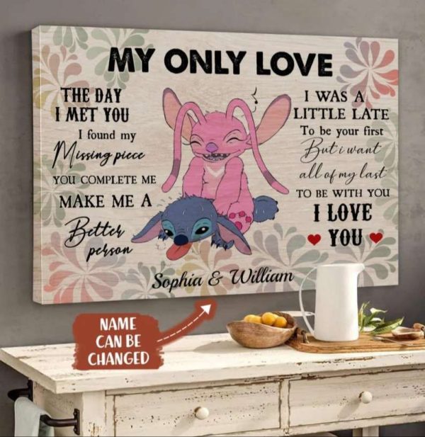 Personalized Cute Angel And Stitch Canvas My Only Love Couples Poster