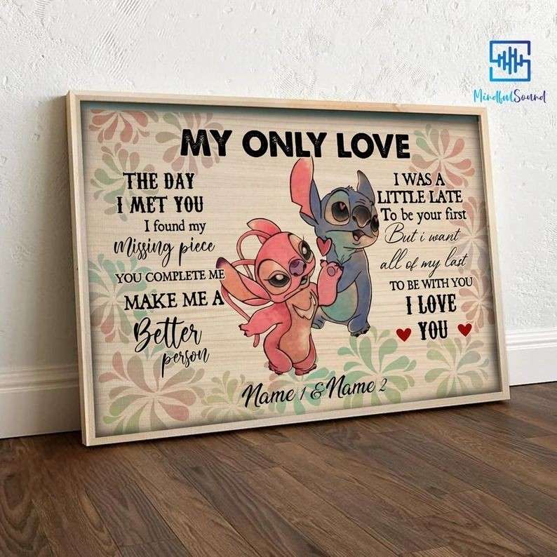 Personalized Stitch And Angel Cute Poster, My Only Love Couples Canvas