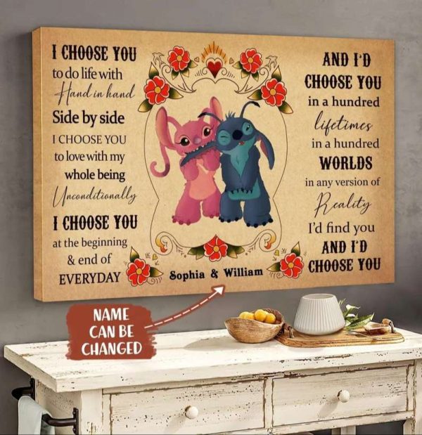Personalized Stitch X Angel I Choose You Couples Poster, Couples Wall Art