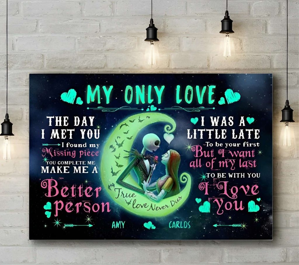 Personalized True Love Never Die Jack Skeleton And Sally Canvas Vintage Couples Poster 1