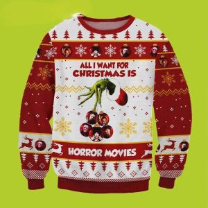 All I Want For Christmas Is Horror Movies Grinch Hand Holding Ornament Funny Xmas Sweaters
