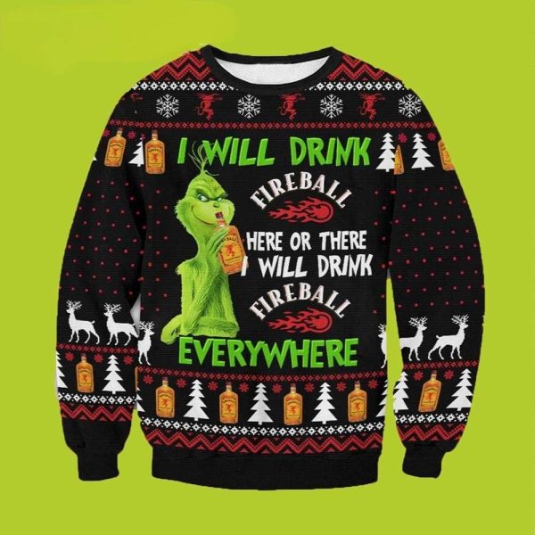 Grinch Fireball Whisky I Will Drink Here Or There Funny Xmas Sweaters, Grinch Ugly Sweater