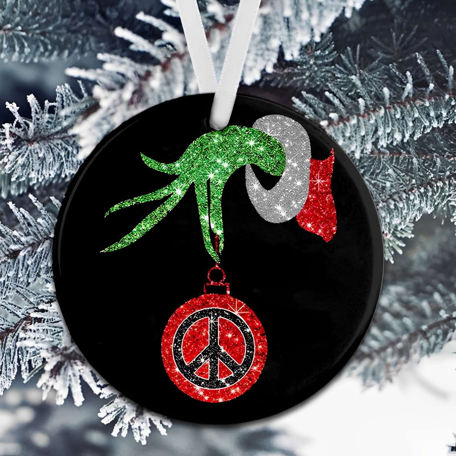 Hippie Sign Grinch Hand Holding Ornament Christmas, The Grinch Ornaments