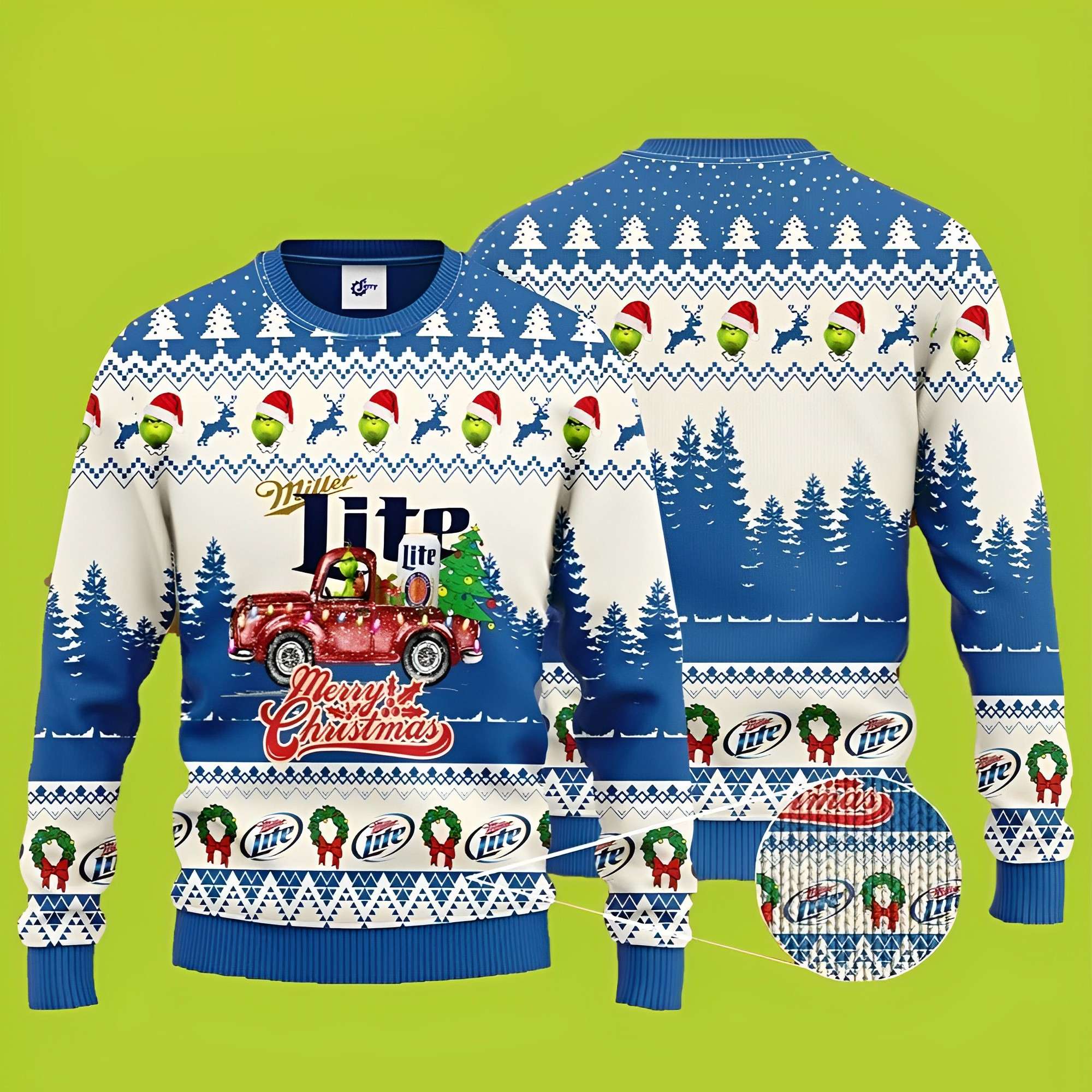 Merry Christmas Miller Lite Beer Grinch Red Truck Funny Xmas Sweaters, Grinch Ugly Sweater