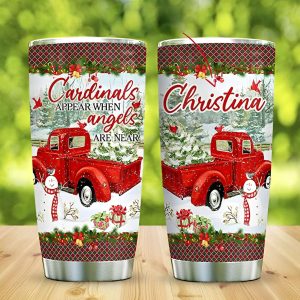 Personalized Christmas Red Truck Tumbler Cup Cardinals Appear When Angels Are Near Stainless Steel Vacuum Insulated Tumbler 1 1