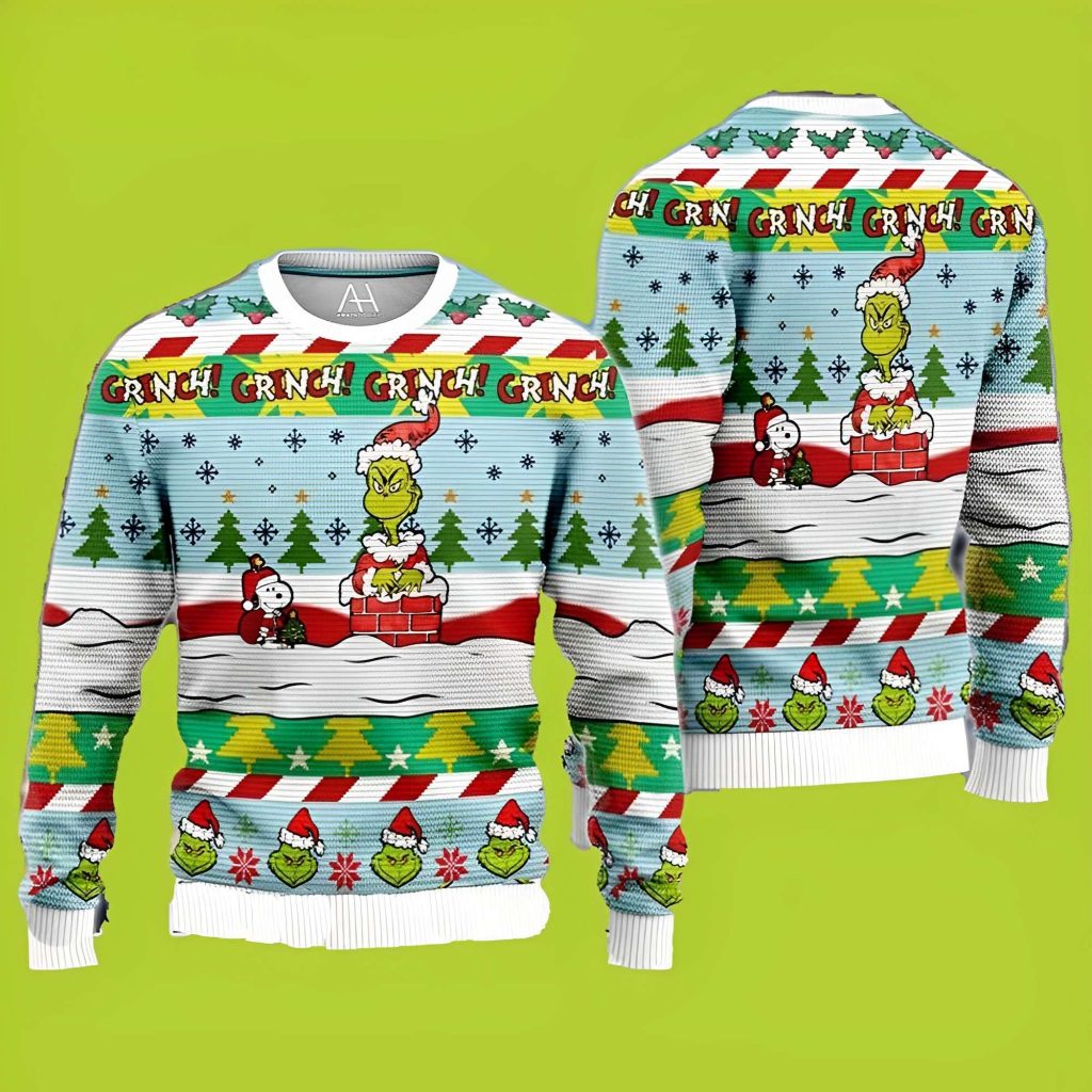 Santa Grinch And Snoopy Dog Funny Xmas Sweaters Grinch Ugly Sweater 1