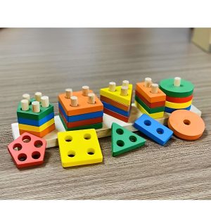 Wooden Matching Shape Game Intellectual Geometric Five Column Blocks Educational Toys For 2 Year Olds, Montessori Wooden Toys