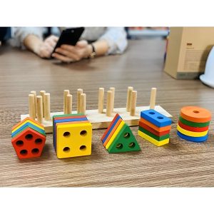 Wooden Matching Shape Game Intellectual Geometric Five Column Blocks Educational Toys For 2 Year Olds, Montessori Wooden Toys