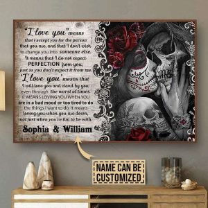 Personalized Sugar Skull Couple Kiss Loving Quotes Canvas Poster
