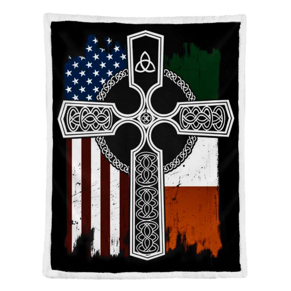 Celtic Cross With American And Irish Flag Fleece Blanket