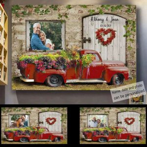 Flower Pickup Truck And Country Scene Couples Canvas, Custom Couple Gifts