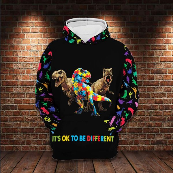 Dinosaur Color It’s Ok To Be Different Autism Awareness Hoodie, Autism Apparel