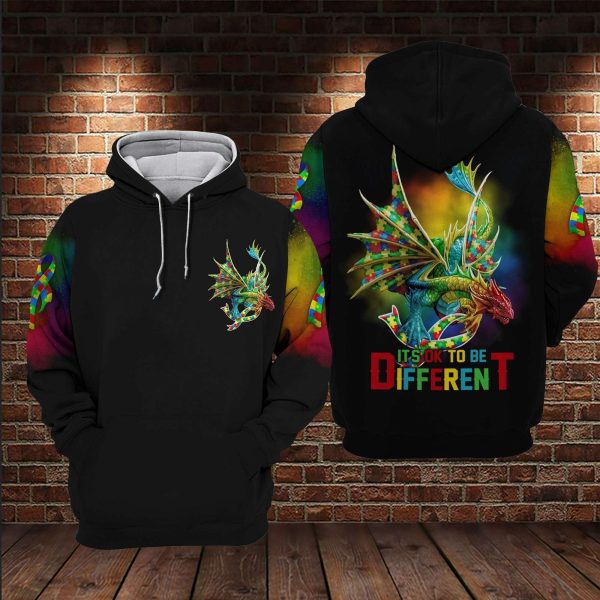 Dragon Puzzle Piece It’s Ok To Be Different Autism Awareness Hoodie, Autism Apparel