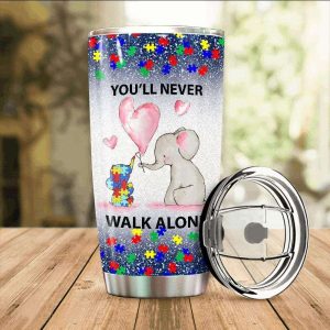 Elehant You Will Never Walk Alone Heart Autism Tumbler – Autism Awareness Gifts