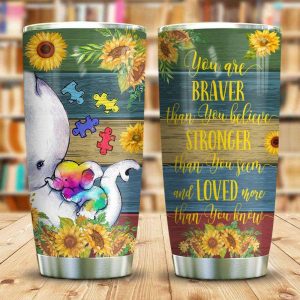 Elephant Sunflower You Are Braver Than You Autism Tumbler – Autism Awareness Gifts