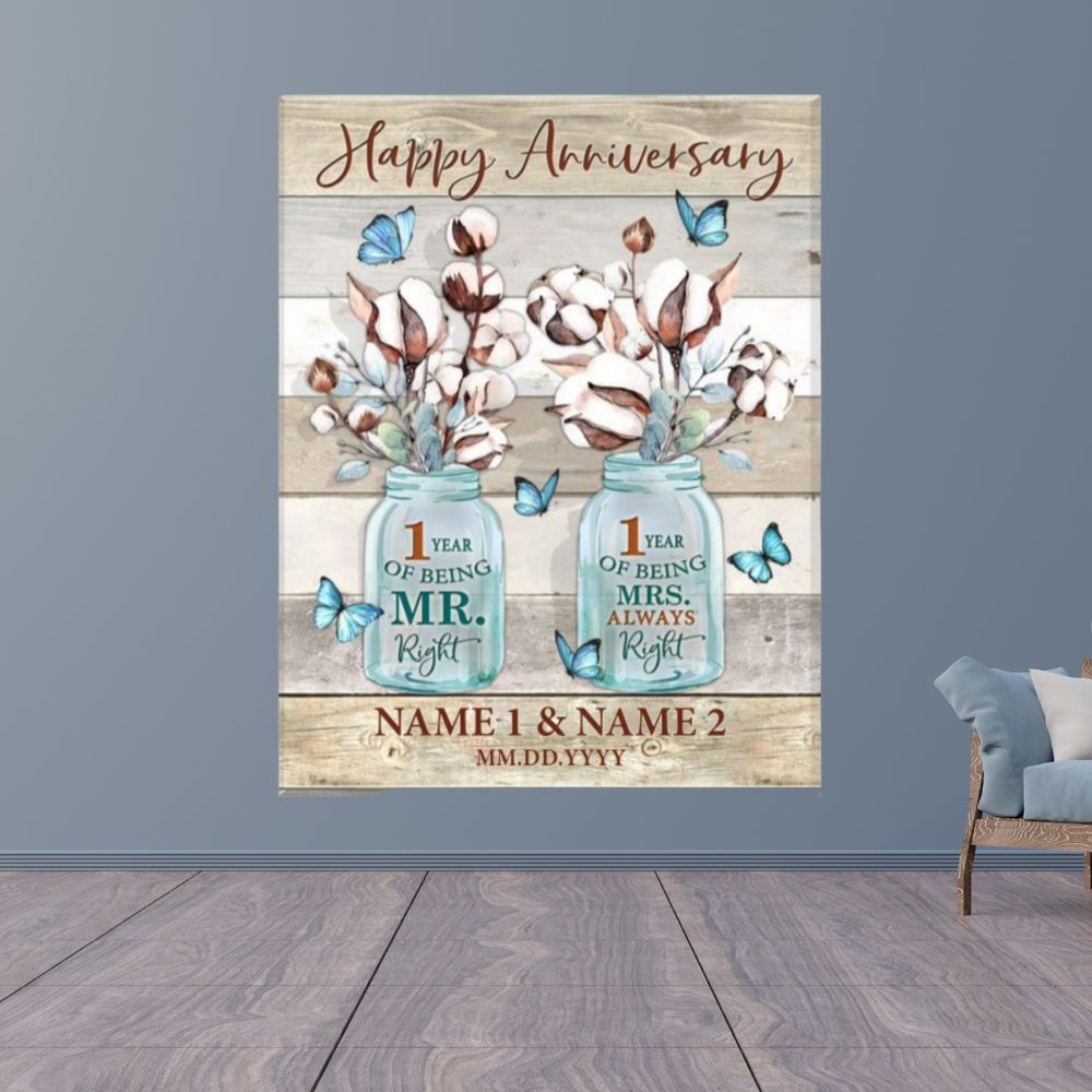 1 Year Marriage Anniversary Gift, Mr And Mrs Flowers Couple Canvas Poster