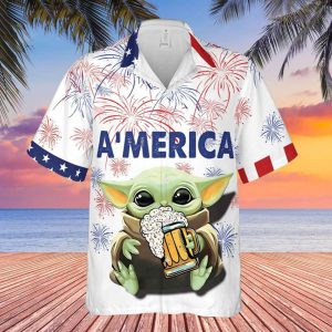 Baby Yoda Beer Star Wars Hawaiian Shirt Fourth July Patriotic American Flag, Star Wars Aloha Shirt