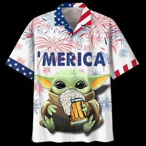 Baby Yoda With Beer Star Wars Independence 4th July Hawaiian Shirt
