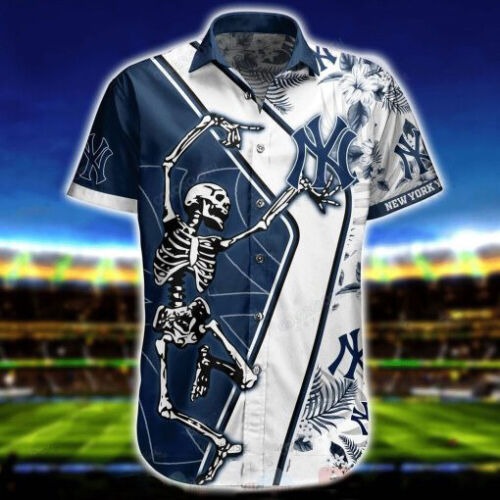 Fun Skeleton Dancing New York Yankees Hawaiian Shirt Tropical Floral Aloha Shirt