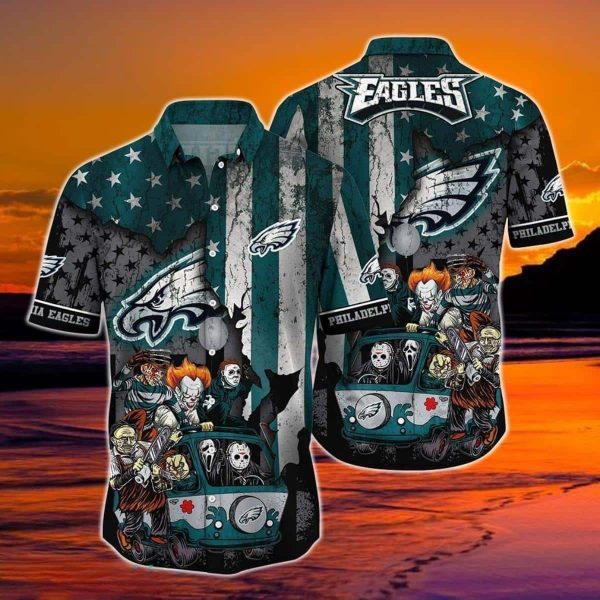 Horror Halloween Characters NFL Philadelphia Eagles Hawaiian Shirt, NFL Hawaiian Shirt