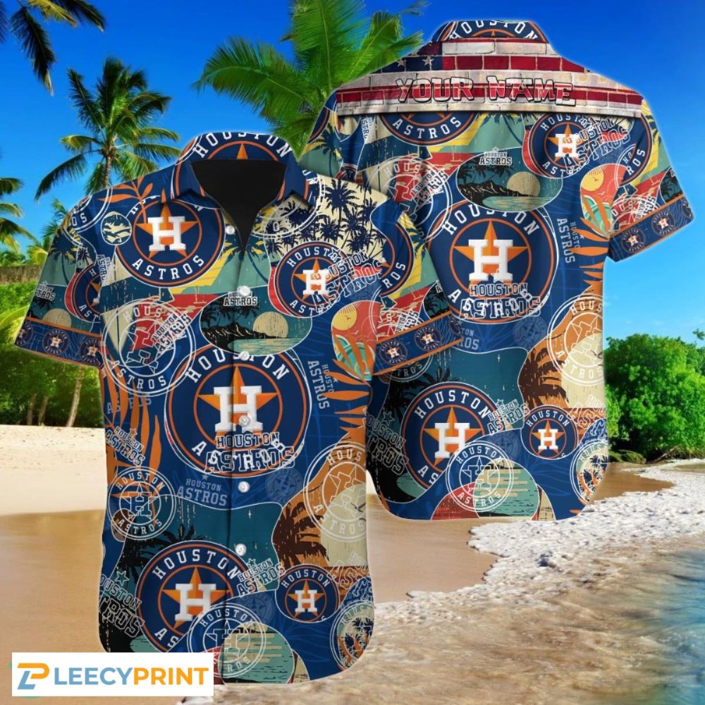 Houston Astros Logo And Red Pink White Hibiscus 3D Hawaiian Shirt