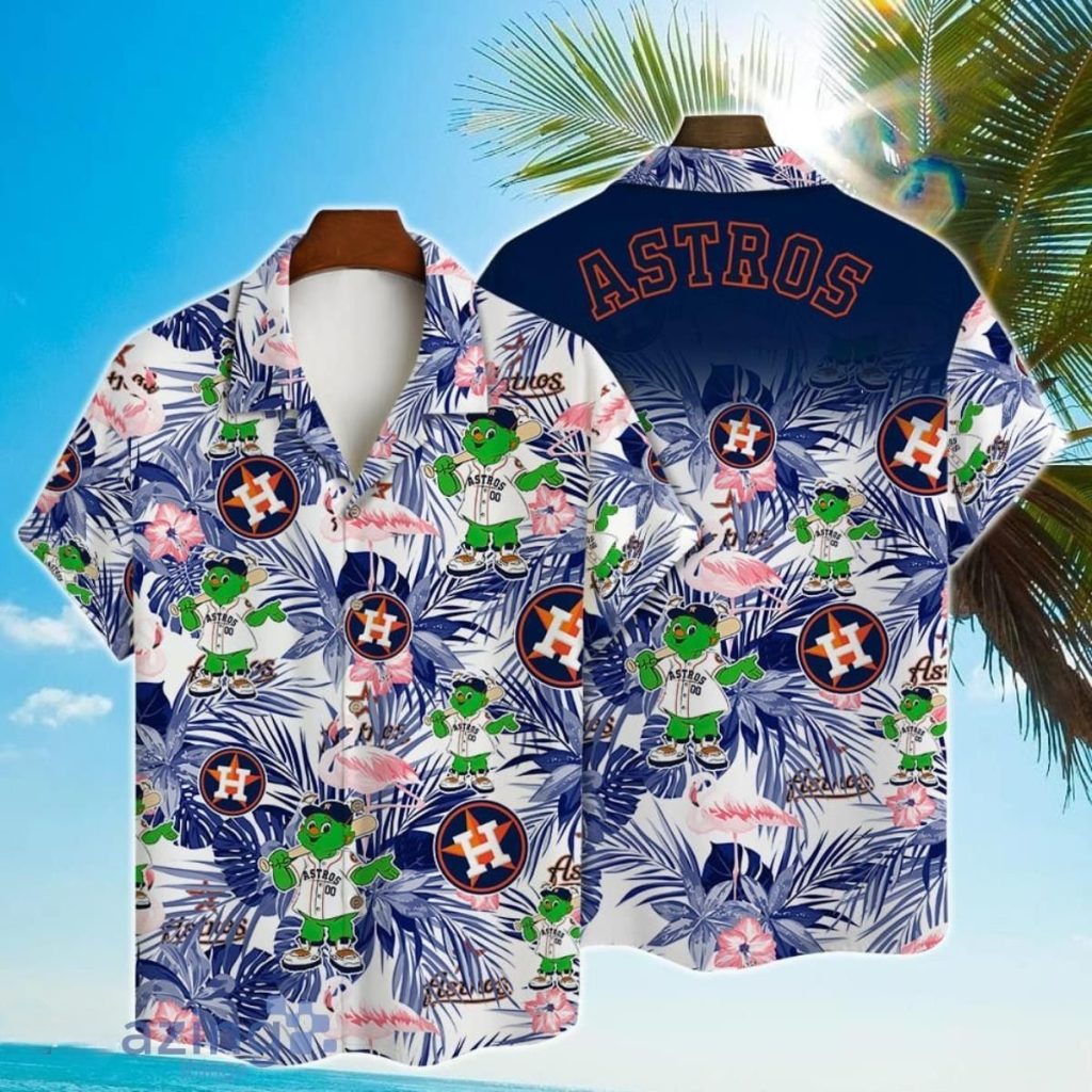 Houston Astros Major League Baseball Mascot And Hibiscus Pattern 3D Print Hawaiian Shirt Hawaiian Shirts Houston Houston Astros Hawaiian Shirt Astros Hawaiian Shirt 1