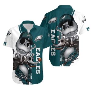 Jack Skellington And Zero Philadelphia Eagles Hawaiian Shirt, NFL Hawaiian Shirt