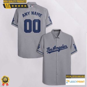 Los Angeles Dodgers Logo Hawaiian Shirt, Cheap Men Dodgers Baseball Apparel Custom Shirt Grey, MLB Hawaiian Shirt