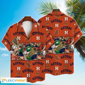 Mascot And Leaves Tropical Pattern Astros Hawaiian Shirt For Fans