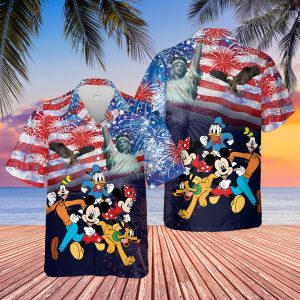 Mickey And Friends Eagle Fireworks US Flag Independence Day Hawaiian Shirt