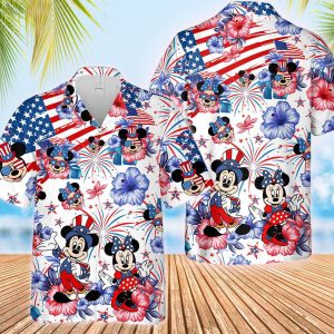 Mickey Minnie Mouse Fireworks Hibiscus Patriot July 4th Hawaiian Shirt
