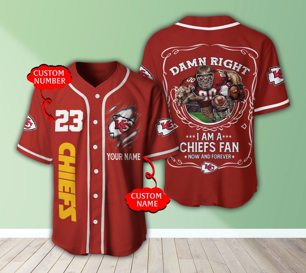 NFL Football Custom Shirt Damn Right I Am Chiefs Fan Kansas City Chiefs Baseball Jersey 1