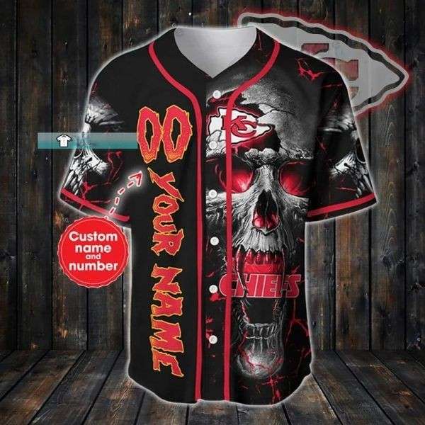 NFL Football Custom Shirt Scary Skull Kansas City Chiefs Baseball Jersey 1