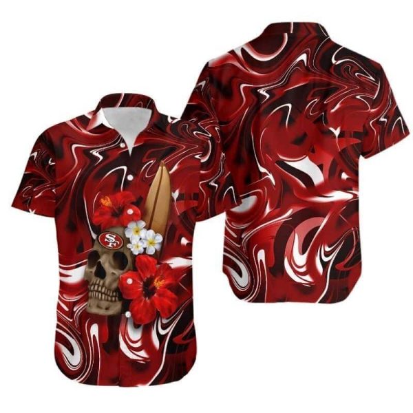 NFL San Francisco 49ers Hawaiian Shirt Skull And Hibiscus Flower, NFL Hawaiian Shirt