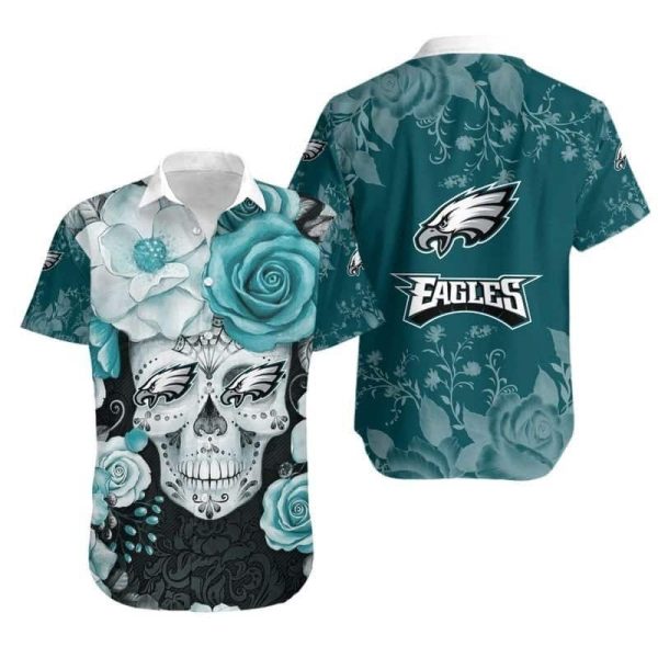 Rose Skull NFL Philadelphia Eagles Hawaiian Shirt For Football Fans, NFL Hawaiian Shirt