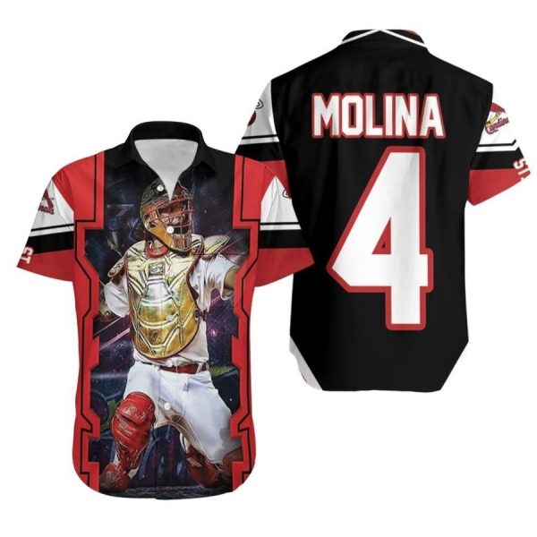 Yadier Molina St Louis Cardinals Logo Golden Shield Throwing Hawaiian Shirt, Cardinals Hawaiian Shirt