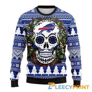 Buffalo Bills Sugar Skull Flower NFL Christmas Ugly Sweater – Buffalo Bills Ugly Christmas Sweater