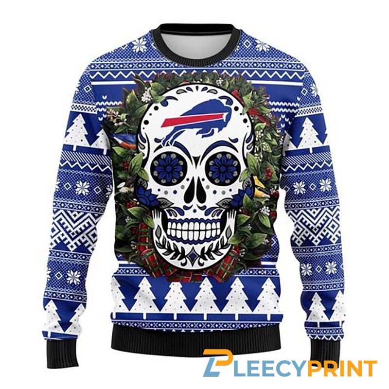 Buffalo Bills Sugar Skull Flower NFL Christmas Ugly Sweater - Buffalo Bills Ugly Christmas Sweater