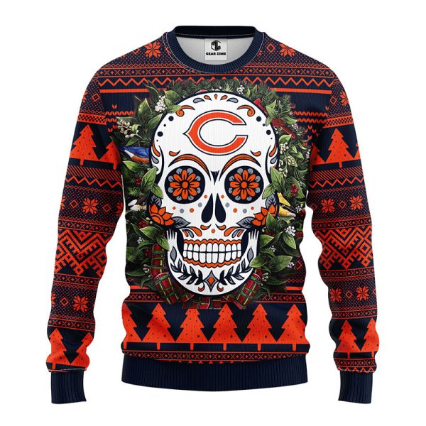 Chicago Bears Sugar Skull Flower NFL Ugly Christmas Ugly Sweater – Chicago Bears Ugly Sweater