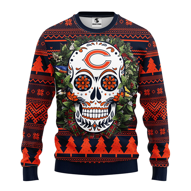 Chicago Bears Sugar Skull Flower NFL Ugly Christmas Ugly Sweater - Chicago Bears Ugly Sweater