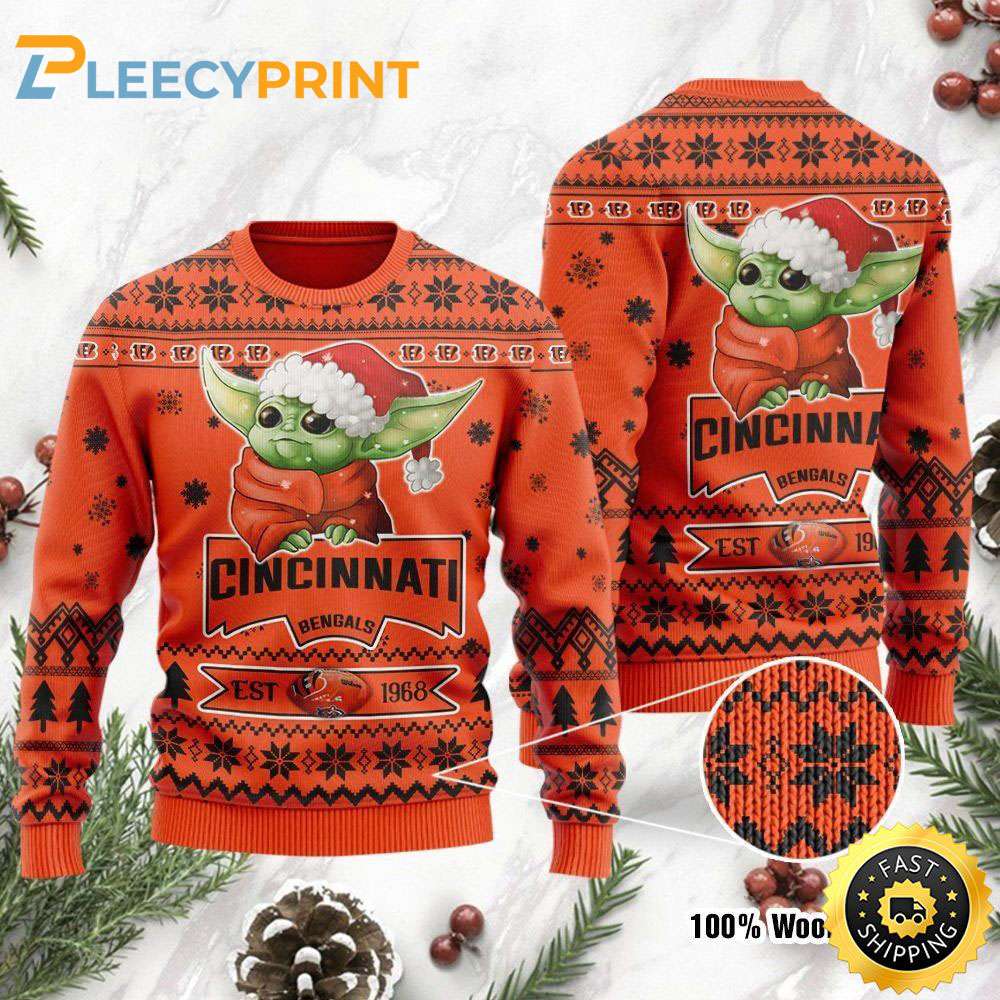 Cincinnati Bengals Cute Baby Yoda Grogu Holiday Party 2023 Ugly Christmas Sweater - Bengals Christmas Sweater